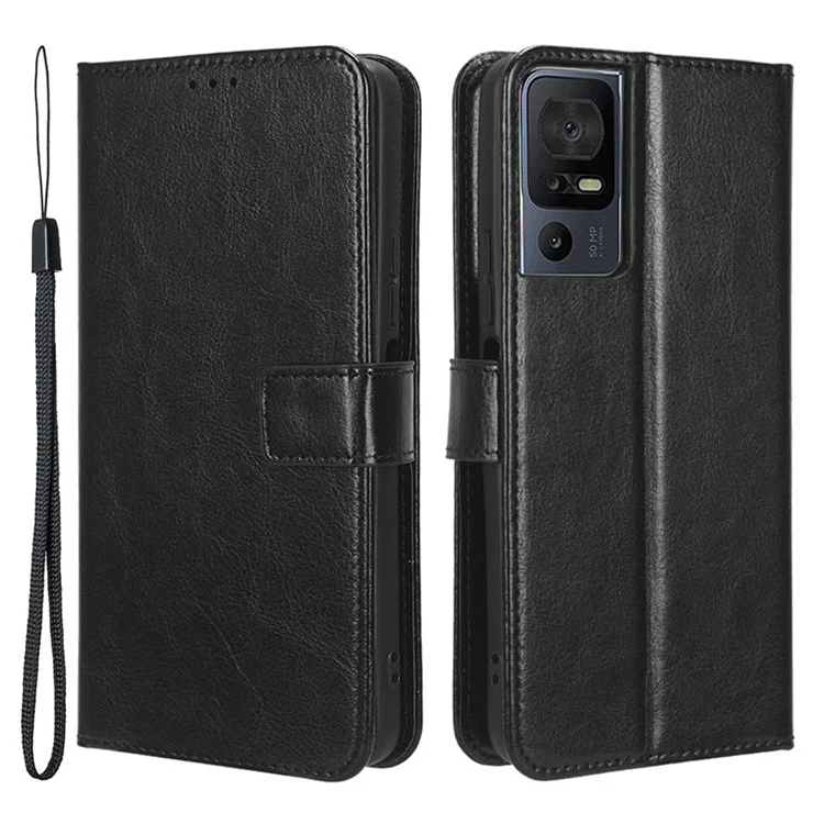 Para TCL 40 SE Crazy Horse Texture Magnetic Cell Phone Case Flip Wallet Stand PU Leather Phone Cover with Strap - Negro
