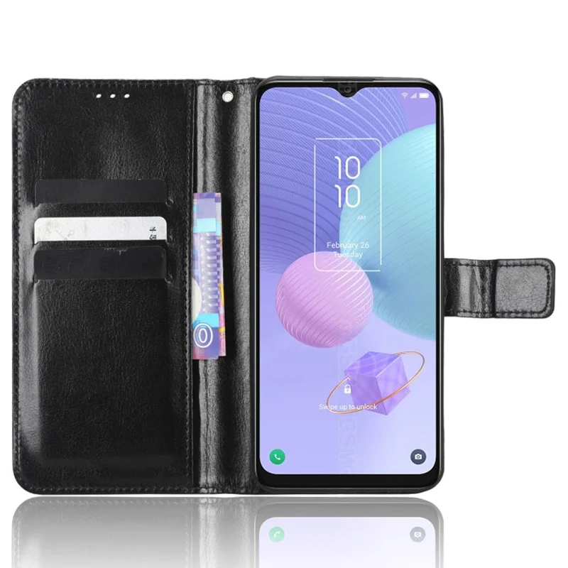 For TCL 405 / 406 / 408 / T506D PU Leather Phone Cover Crazy Horse Texture Flip Wallet Stand Smartphone Case with Strap - Black