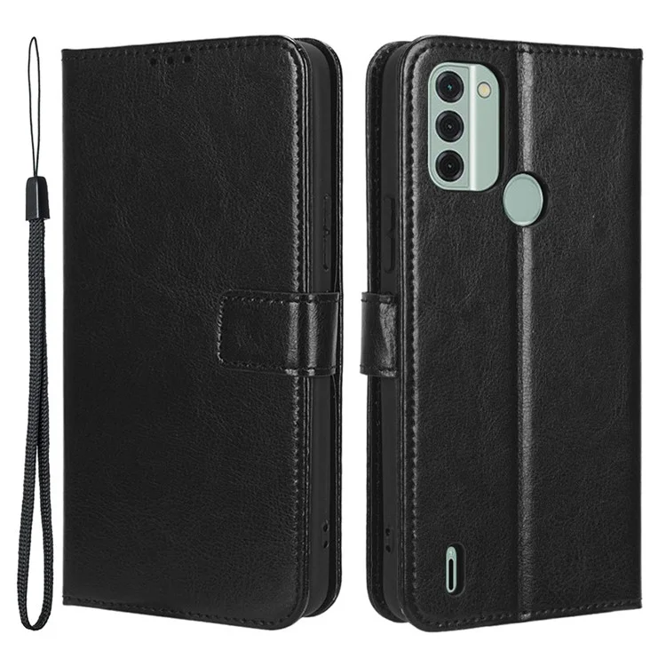 Cell Phone Case Wallet for Nokia C31 4G, Crazy Horse Texture Stand PU Leather Phone Cover with Strap - Black