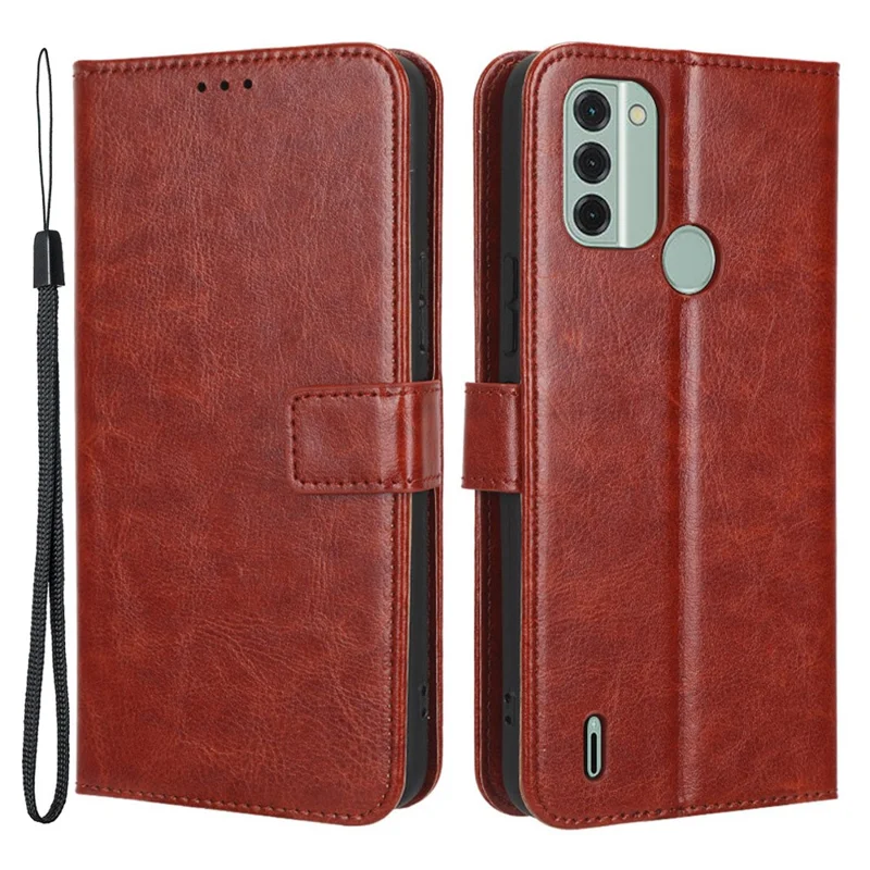 Cell Phone Case Wallet for Nokia C31 4G, Crazy Horse Texture Stand PU Leather Phone Cover with Strap - Brown