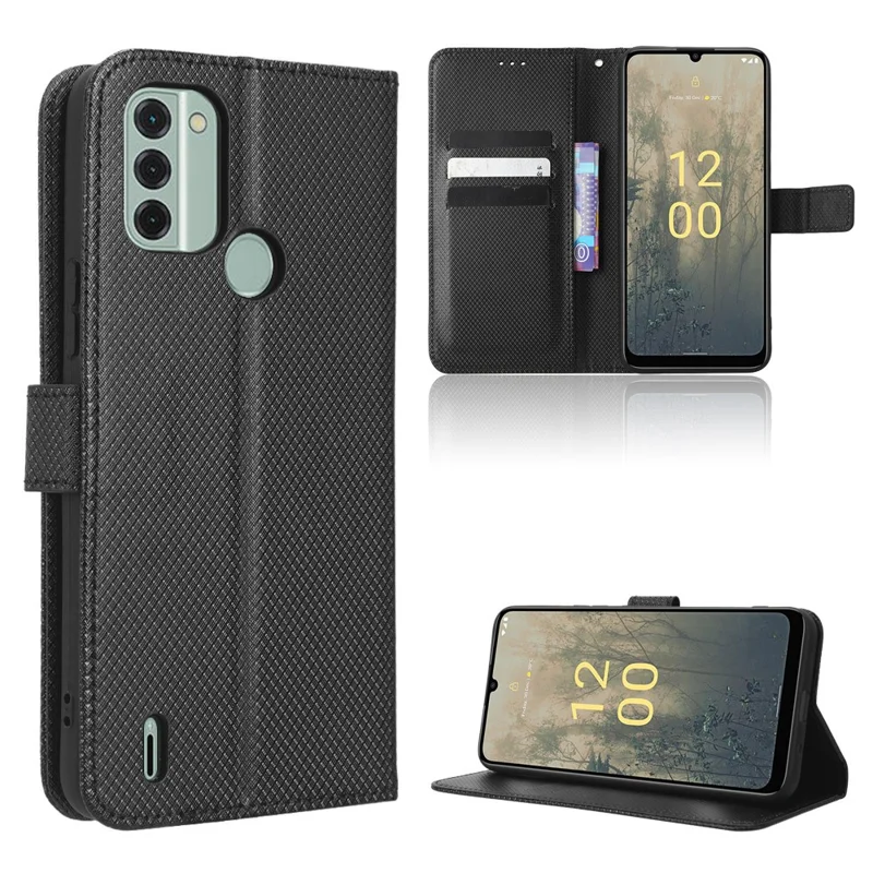 Wallet Stand Phone Case per Nokia C31 4G, Custodia per telefono in pelle PU con texture a diamante - Nero