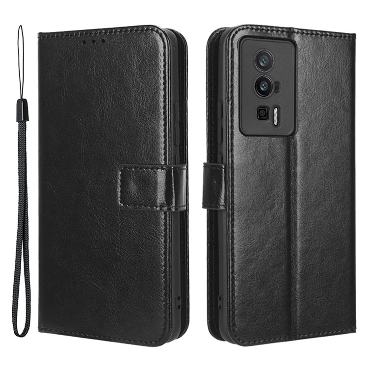 Custodia in pelle per Xiaomi Poco F5 Pro 5G / Redmi K60 Pro 5G / K60 5G / K60 Champion Edition, texture di cavallo pazzo, portafoglio, custodia per cellulare con cinturino - Nero