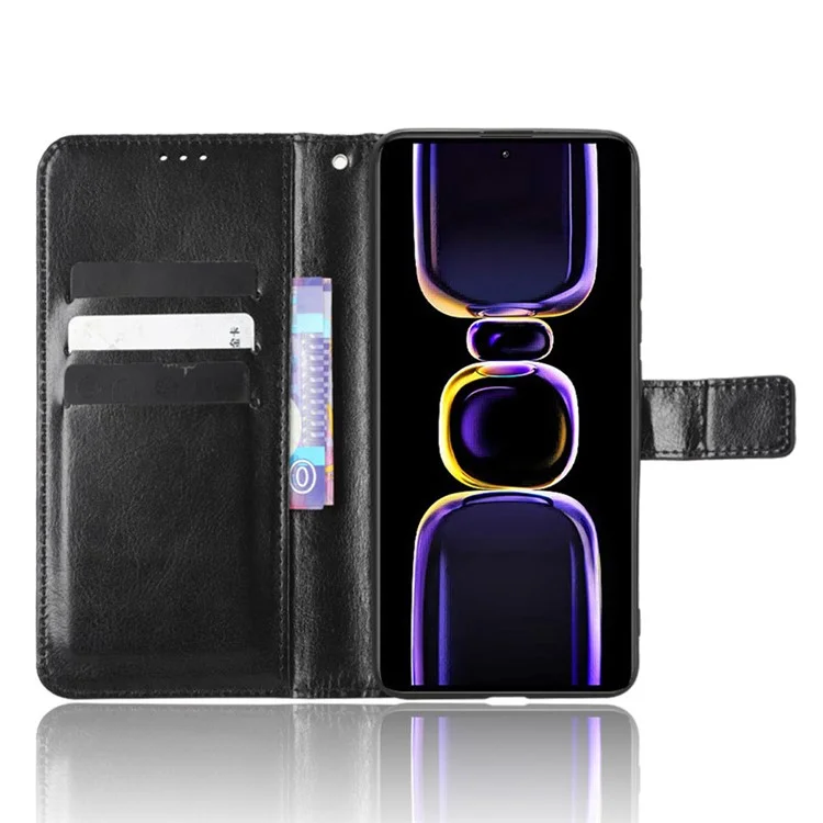 Custodia in pelle per Xiaomi Poco F5 Pro 5G / Redmi K60 Pro 5G / K60 5G / K60 Champion Edition, texture di cavallo pazzo, portafoglio, custodia per cellulare con cinturino - Nero