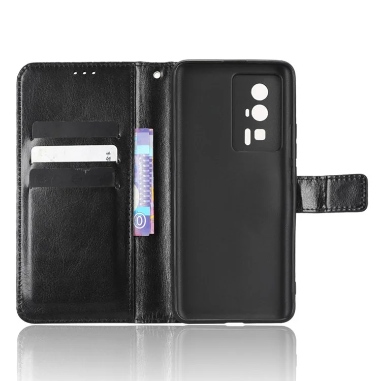 Custodia in pelle per Xiaomi Poco F5 Pro 5G / Redmi K60 Pro 5G / K60 5G / K60 Champion Edition, texture di cavallo pazzo, portafoglio, custodia per cellulare con cinturino - Nero