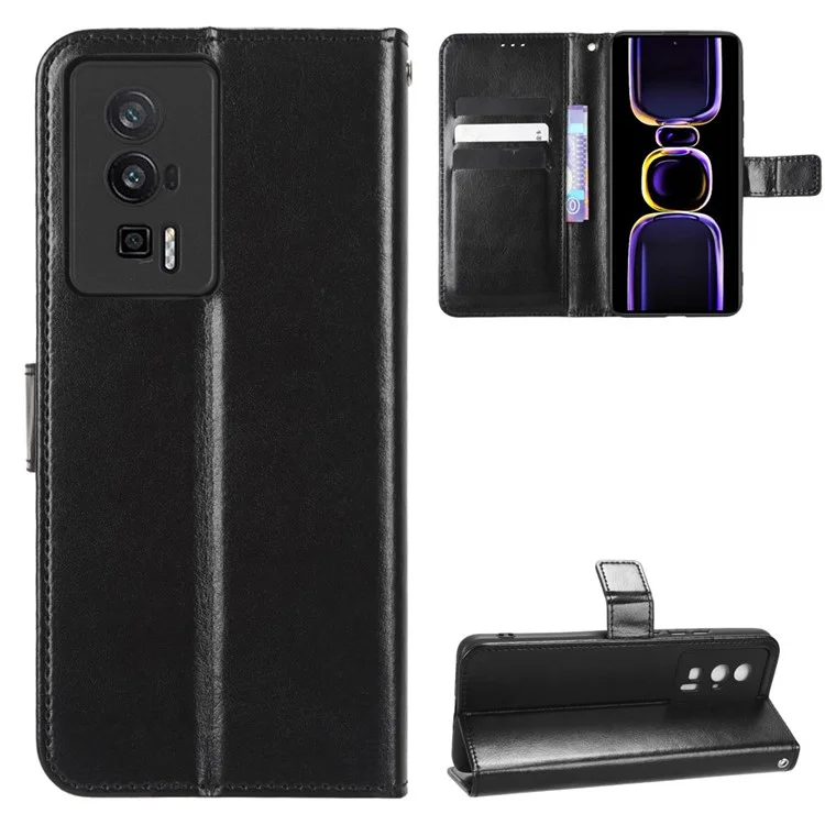 Custodia in pelle per Xiaomi Poco F5 Pro 5G / Redmi K60 Pro 5G / K60 5G / K60 Champion Edition, texture di cavallo pazzo, portafoglio, custodia per cellulare con cinturino - Nero