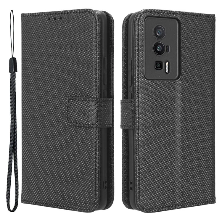 Custodia in pelle per telefono per Xiaomi Poco F5 Pro 5G / Redmi K60 Pro 5G / K60 5G / K60 Champion Edition, texture a diamante, custodia a portafoglio con supporto per telefono - Nero