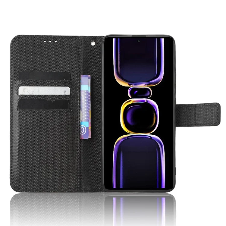 Custodia in pelle per telefono per Xiaomi Poco F5 Pro 5G / Redmi K60 Pro 5G / K60 5G / K60 Champion Edition, texture a diamante, custodia a portafoglio con supporto per telefono - Nero