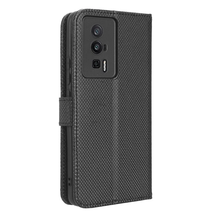 Custodia in pelle per telefono per Xiaomi Poco F5 Pro 5G / Redmi K60 Pro 5G / K60 5G / K60 Champion Edition, texture a diamante, custodia a portafoglio con supporto per telefono - Nero
