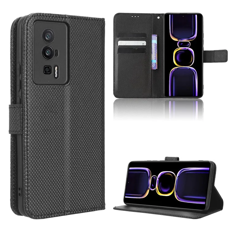 Custodia in pelle per telefono per Xiaomi Poco F5 Pro 5G / Redmi K60 Pro 5G / K60 5G / K60 Champion Edition, texture a diamante, custodia a portafoglio con supporto per telefono - Nero