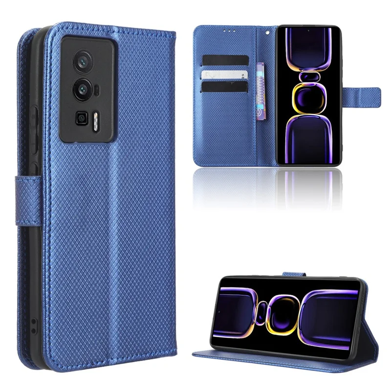 Phone Leather Case for Xiaomi Poco F5 Pro 5G / Redmi K60 Pro 5G / K60 5G / K60 Champion Edition Diamond Texture Wallet Phone Stand Cover - Blue