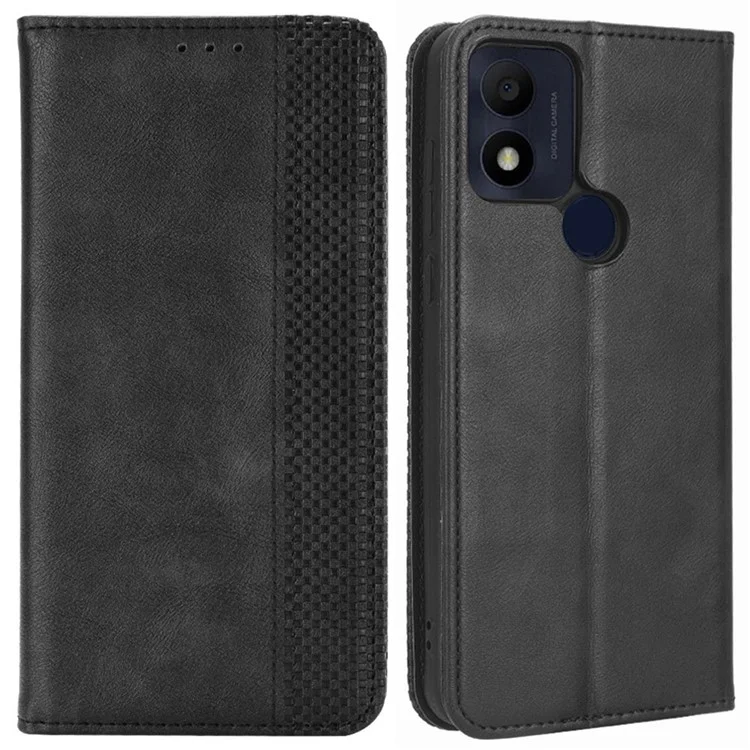 For TCL 305i (Fingerprint Version) Retro Texture Phone Case, PU Leather Stand Wallet Cellphone Cover - Black