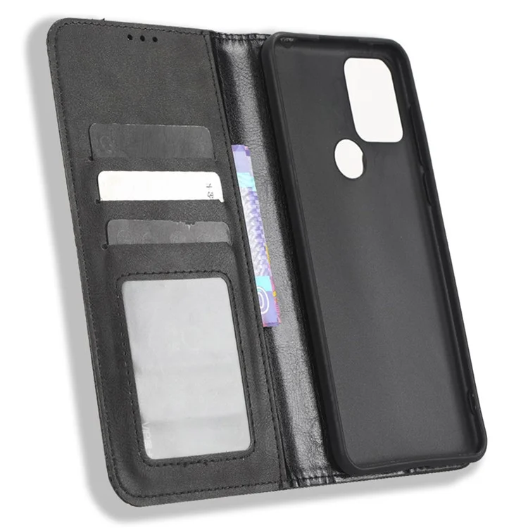 For TCL 305i (Fingerprint Version) Retro Texture Phone Case, PU Leather Stand Wallet Cellphone Cover - Black