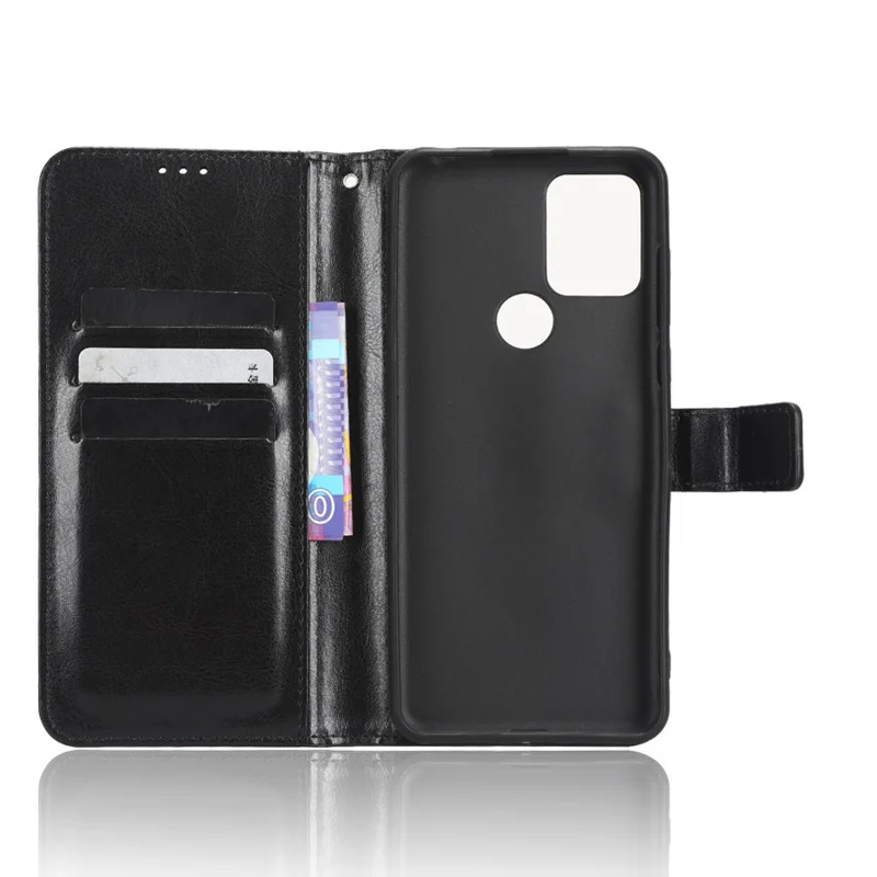 Phone Case for TCL 305i (Fingerprint Version), Crazy Horse Texture Stand Wallet Leather Cell Phone Cover with Strap - Black