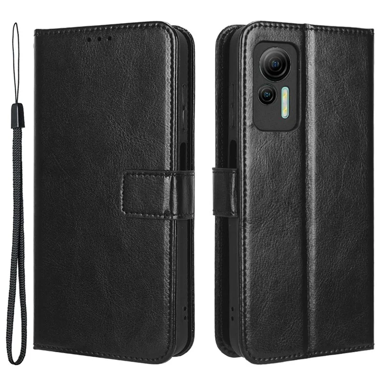 Anti-fall Phone Case Wallet for Ulefone Note 14, Crazy Horse Texture Leather Protective Cell Phone Cover Stand with Strap - Black