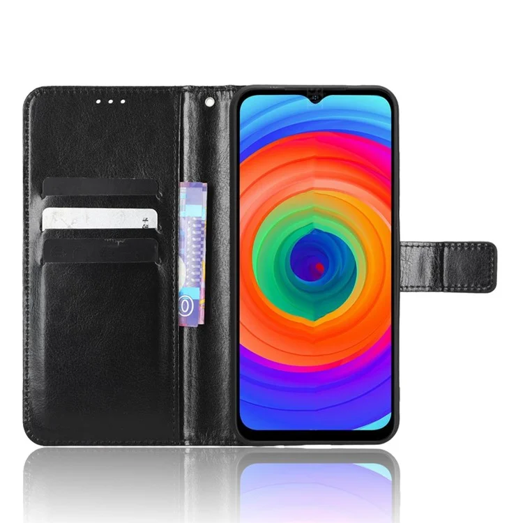Anti-fall Phone Case Wallet for Ulefone Note 14, Crazy Horse Texture Leather Protective Cell Phone Cover Stand with Strap - Black