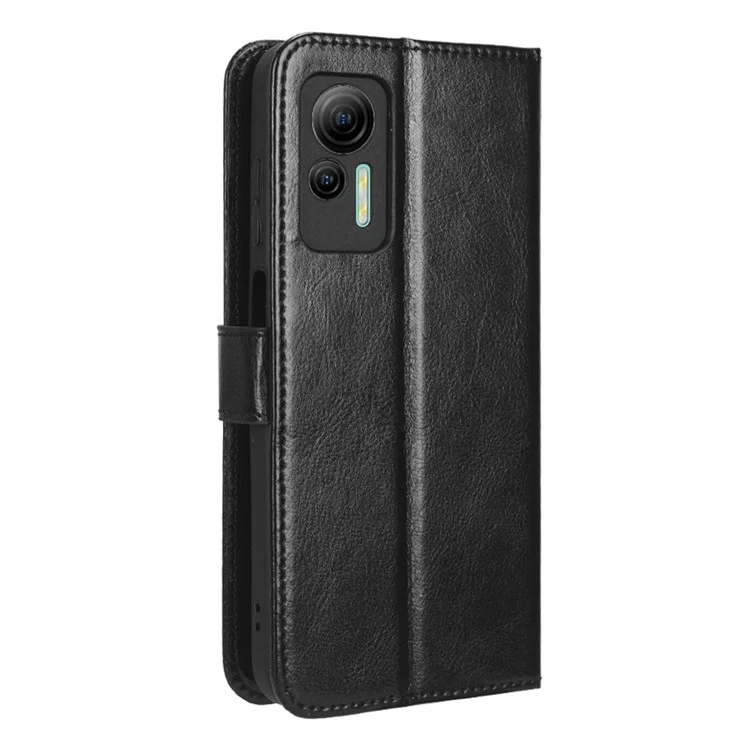 Anti-fall Phone Case Wallet for Ulefone Note 14, Crazy Horse Texture Leather Protective Cell Phone Cover Stand with Strap - Black