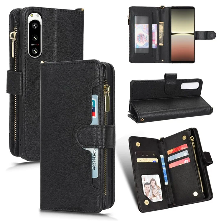Flip Leather Case for Sony Xperia 5 IV 5G, Wallet Zipper Pocket Phone Cover with Strap - Black