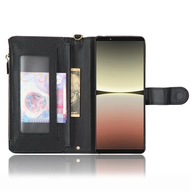 Flip Leather Case for Sony Xperia 5 IV 5G, Wallet Zipper Pocket Phone Cover with Strap - Black