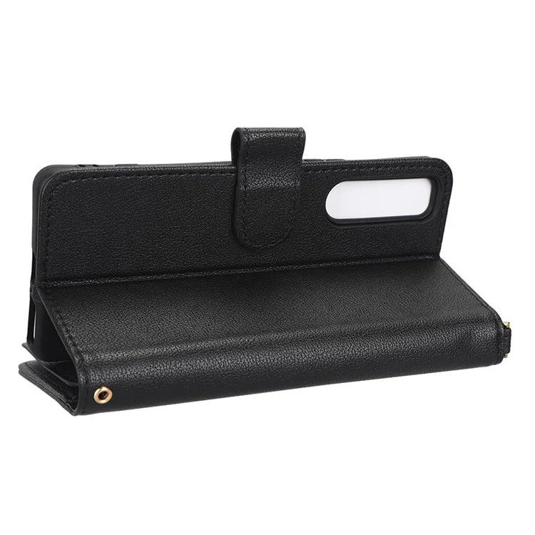 Flip Leather Case for Sony Xperia 5 IV 5G, Wallet Zipper Pocket Phone Cover with Strap - Black