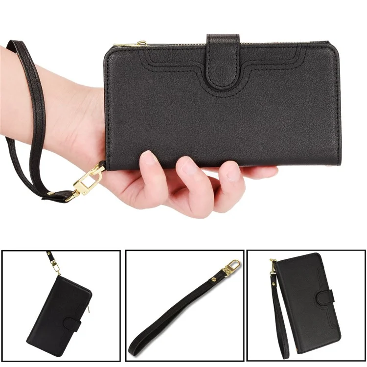 Flip Leather Case for Sony Xperia 5 IV 5G, Wallet Zipper Pocket Phone Cover with Strap - Black