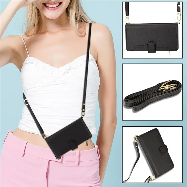 Flip Leather Case for Sony Xperia 5 IV 5G, Wallet Zipper Pocket Phone Cover with Strap - Black