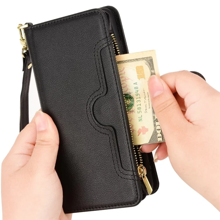 Flip Leather Case for Sony Xperia 5 IV 5G, Wallet Zipper Pocket Phone Cover with Strap - Black
