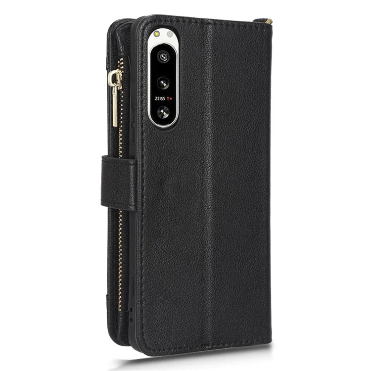 Flip Leather Case for Sony Xperia 5 IV 5G, Wallet Zipper Pocket Phone Cover with Strap - Black