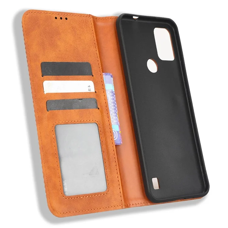 Funda Magnética para Móvil Vodafone Smart V22, Funda Cartera de Cuero con Textura Retro Protectora - Marrón