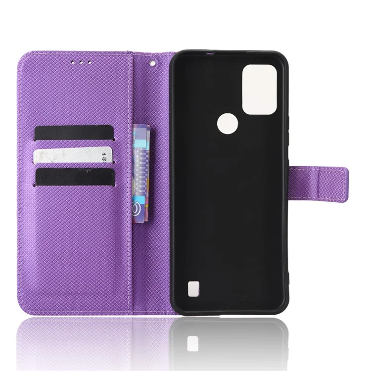 Funda de teléfono de piel sintética con soporte para Vodafone Smart V22, diseño de textura de diamante, funda de cartera resistente a los arañazos - Púrpura