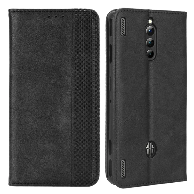 For ZTE nubia Red Magic 8 Pro+ 5G / Red Magic 8 Pro 5G Mobile Phone Case Stand Retro Texture Imprinted Pattern PU Leather Flip Wallet Cover - Black