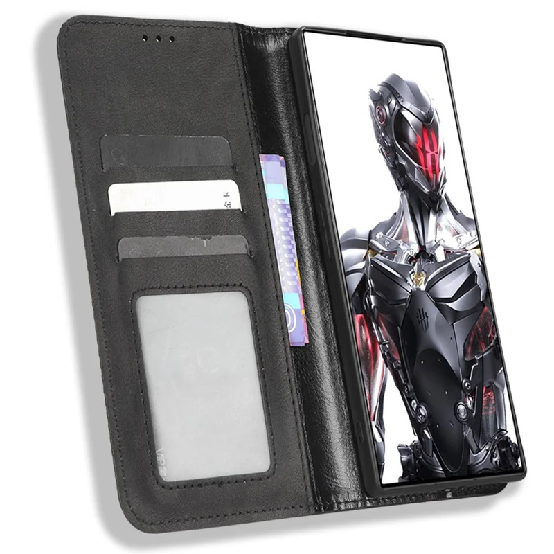 For ZTE nubia Red Magic 8 Pro+ 5G / Red Magic 8 Pro 5G Mobile Phone Case Stand Retro Texture Imprinted Pattern PU Leather Flip Wallet Cover - Black