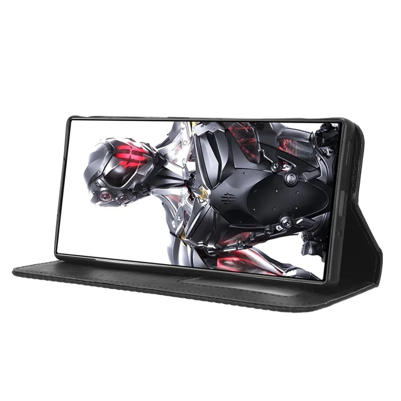For ZTE nubia Red Magic 8 Pro+ 5G / Red Magic 8 Pro 5G Mobile Phone Case Stand Retro Texture Imprinted Pattern PU Leather Flip Wallet Cover - Black