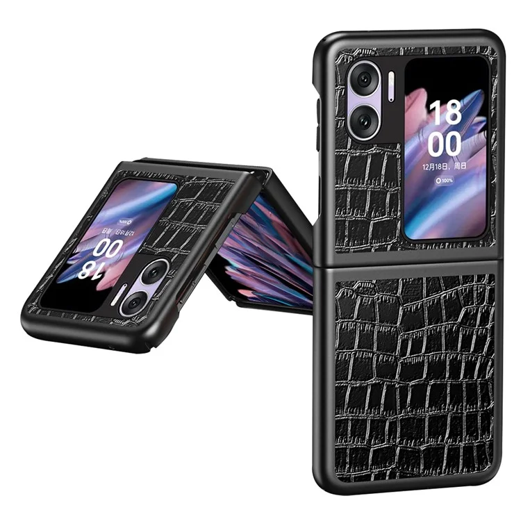 Pour Oppo Find N2 Flip 5G Coque de téléphone caoutchoutée Texture Crocodile Revêtement en cuir PU Coque de téléphone en PC dur - Noir