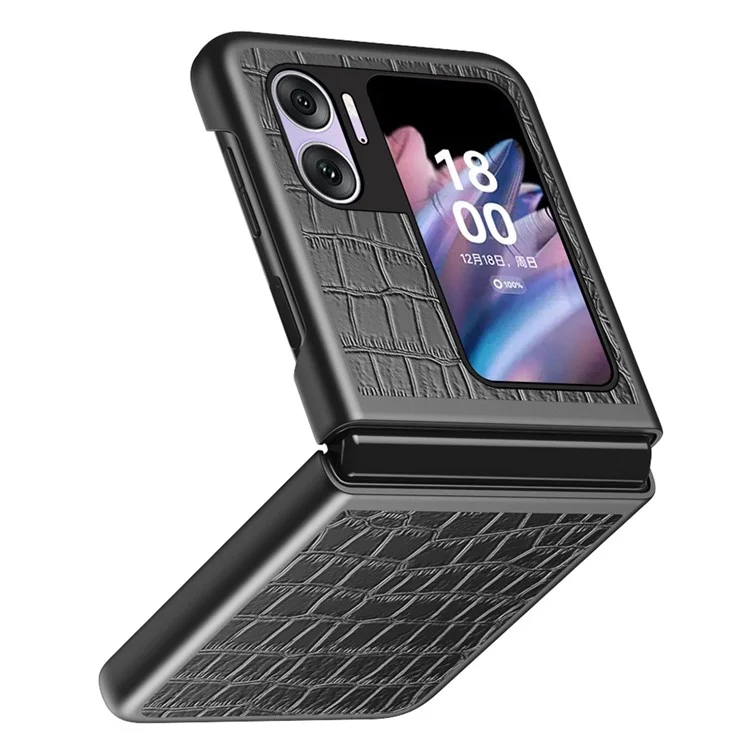Pour Oppo Find N2 Flip 5G Coque de téléphone caoutchoutée Texture Crocodile Revêtement en cuir PU Coque de téléphone en PC dur - Noir