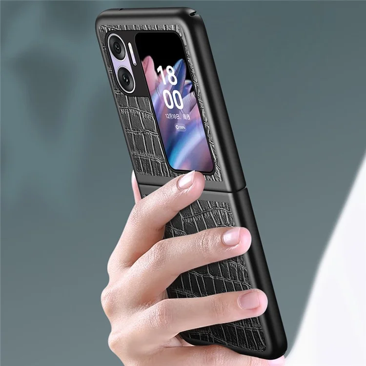 Pour Oppo Find N2 Flip 5G Coque de téléphone caoutchoutée Texture Crocodile Revêtement en cuir PU Coque de téléphone en PC dur - Noir