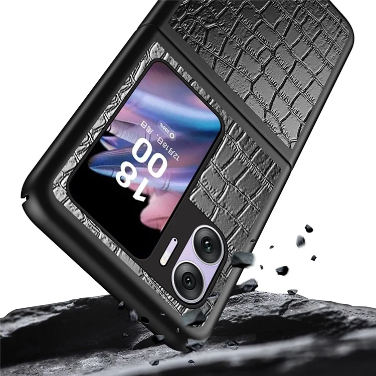 Pour Oppo Find N2 Flip 5G Coque de téléphone caoutchoutée Texture Crocodile Revêtement en cuir PU Coque de téléphone en PC dur - Noir