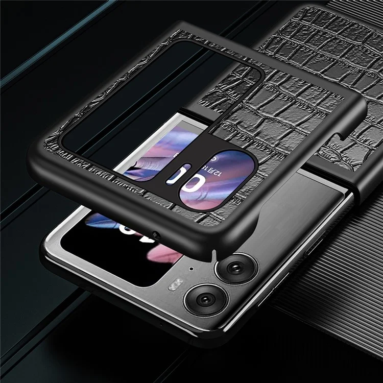 Pour Oppo Find N2 Flip 5G Coque de téléphone caoutchoutée Texture Crocodile Revêtement en cuir PU Coque de téléphone en PC dur - Noir