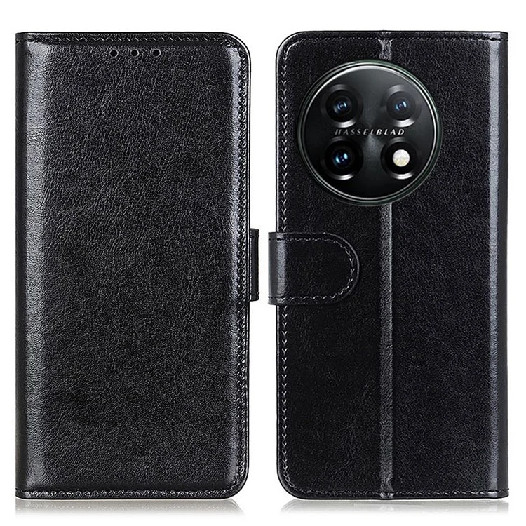 Suporte de Telefone Caso Carteira para OnePlus 11 5G, Textura de Cavalo Louco Fecho Magnético PU Couro + Capa à Prova de Choque TPU - Preto