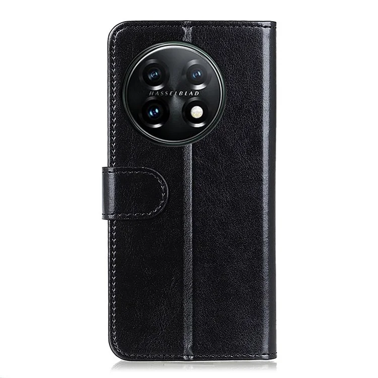 Suporte de Telefone Caso Carteira para OnePlus 11 5G, Textura de Cavalo Louco Fecho Magnético PU Couro + Capa à Prova de Choque TPU - Preto
