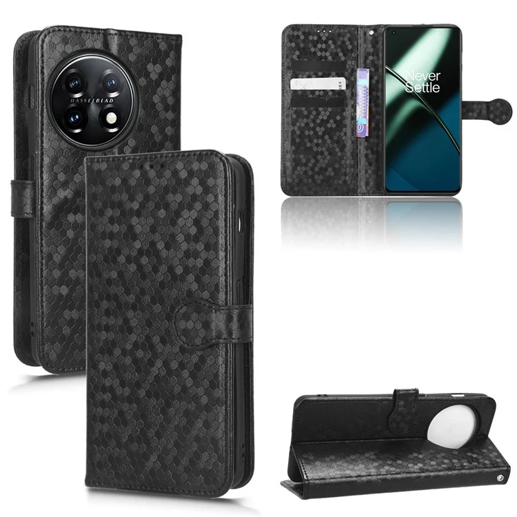 Capa de Proteção para Celular OnePlus 11 5G, Padrão Pontilhado Impresso, Carteira com Suporte, Capa de Couro PU Resistente a Choques - Preta