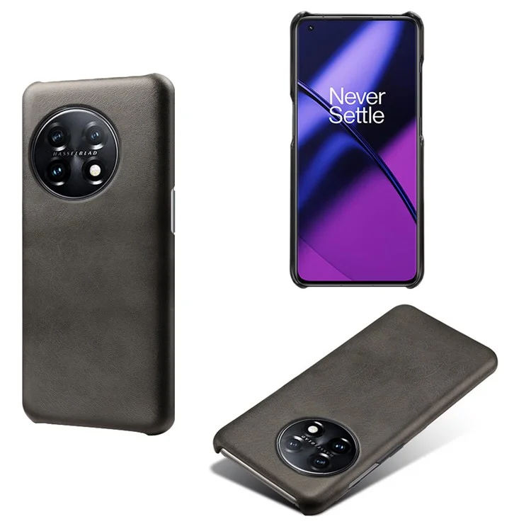 Capa de telefone anti-arranhões para OnePlus 11 5G, capa de telefone móvel com textura em couro de bezerro revestida de PC à prova de choques - Preto