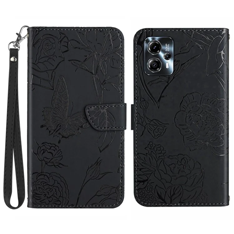 HT03 für Motorola Moto G23 4G / G13 4G Magnetische Handyhülle Geprägt Schmetterlinge Blumen Hautgefühl Klapphülle mit Stativ - Schwarz