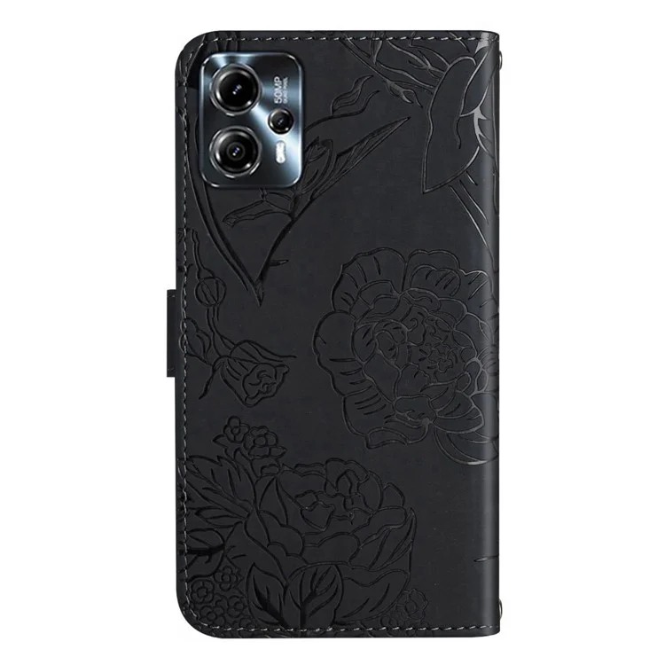HT03 für Motorola Moto G23 4G / G13 4G Magnetische Handyhülle Geprägt Schmetterlinge Blumen Hautgefühl Klapphülle mit Stativ - Schwarz