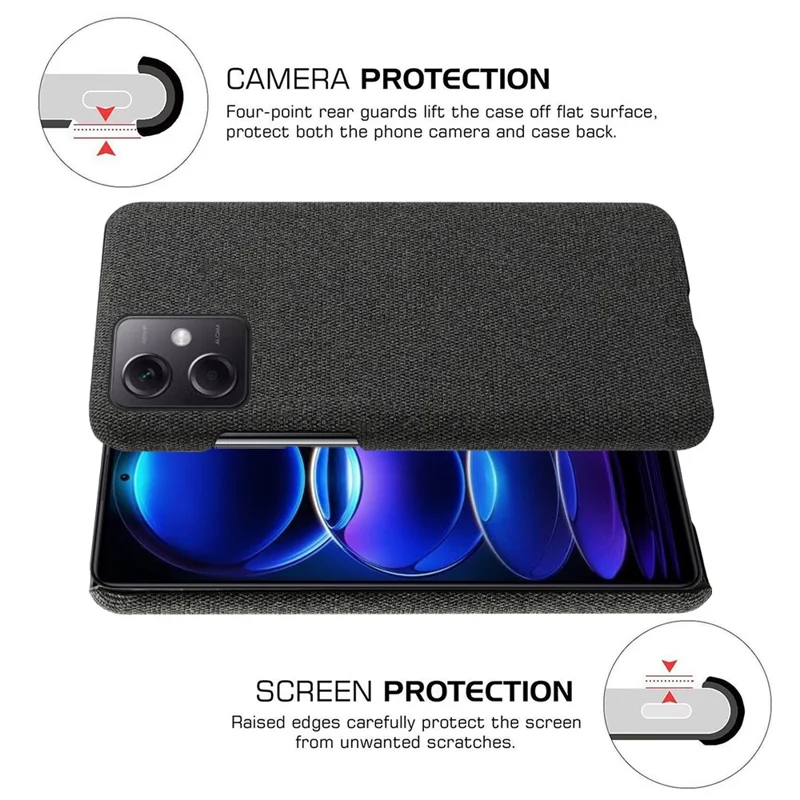 Cover per telefono per Xiaomi Redmi Note 12 5G (Global) / (India) / (China) / Poco X5 5G, colore tinta unita, texture in tessuto, antiurto - Nero