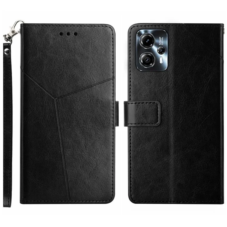 HT01 Für Motorola Moto G23 4G / G13 4G Staubdichtes Geprägtes Y-förmiges Linien-PU-Leder-Klapphandyhülle, Brieftasche, Cover, faltbarer Handyständer mit Riemen - Schwarz