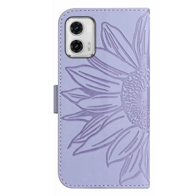 Für Motorola Moto G73 5G Handyhülle HT04 Sonnenblumen geprägte Leder-Geldbörsen-Schutzhülle mit Ständer, hautfreundlich, kratzfest - Hellviolett