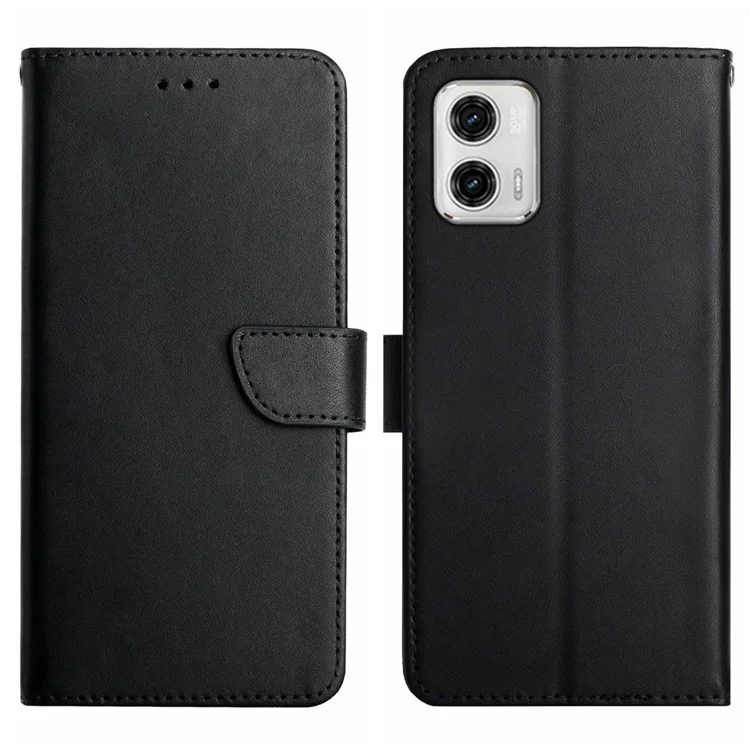 HT02 For Motorola Moto G73 5G Anti-Scratch Genuine Leather Phone Case Nappa Texture Wallet Stand Protective Cover - Black