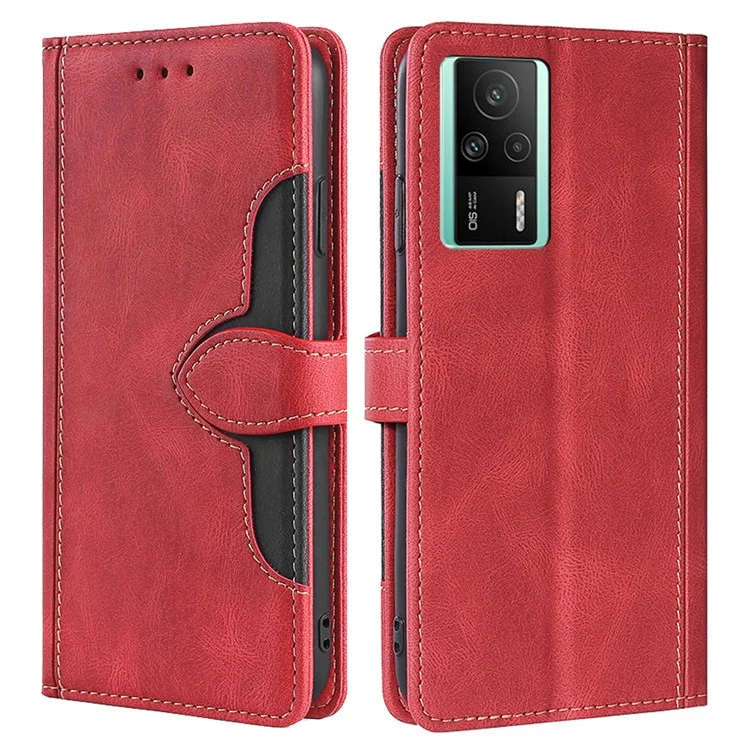Skin-touch Phone Cover for Xiaomi Redmi K60E 5G, Straw Hat Pattern Stand Wallet Phone Case - Red