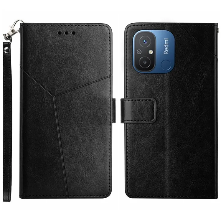 HT01 Para Xiaomi Redmi 11A 4G / 12C 4G Funda de teléfono con tapa de piel sintética PU, carcasa protectora con soporte y correa - Negro