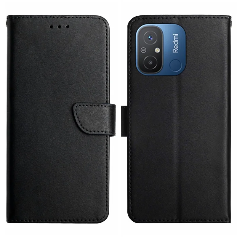 HT02 لجهاز Xiaomi Redmi 11A 4G / 12C 4G غطاء هاتف من الجلد الطبيعي مقاوم للغبار مع محفظة وحامل جلد نابا - أسود